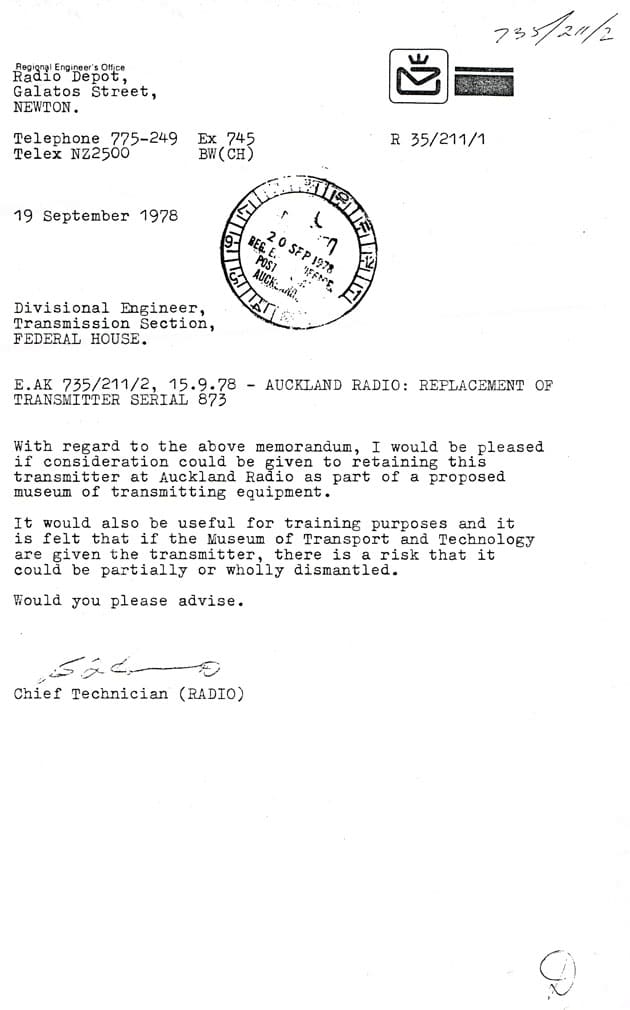 letter from Chief Technician (Radio)
