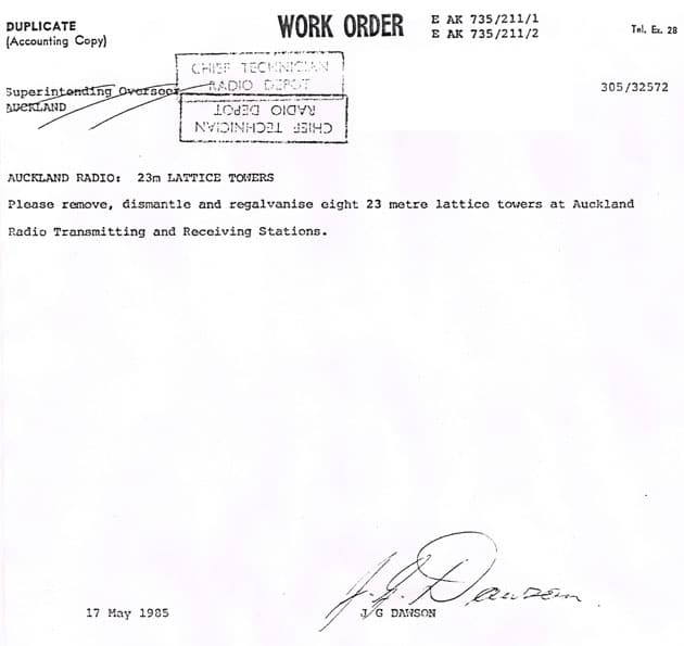 work order to regalvanise Auckland Radio towers