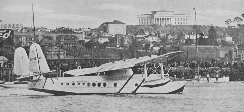Coming into her moorings: The Clipper as she appears to those on many of the launches and yachts on the harbour. The Auckland War Memorial Museum is in the distance. 7 April 1937