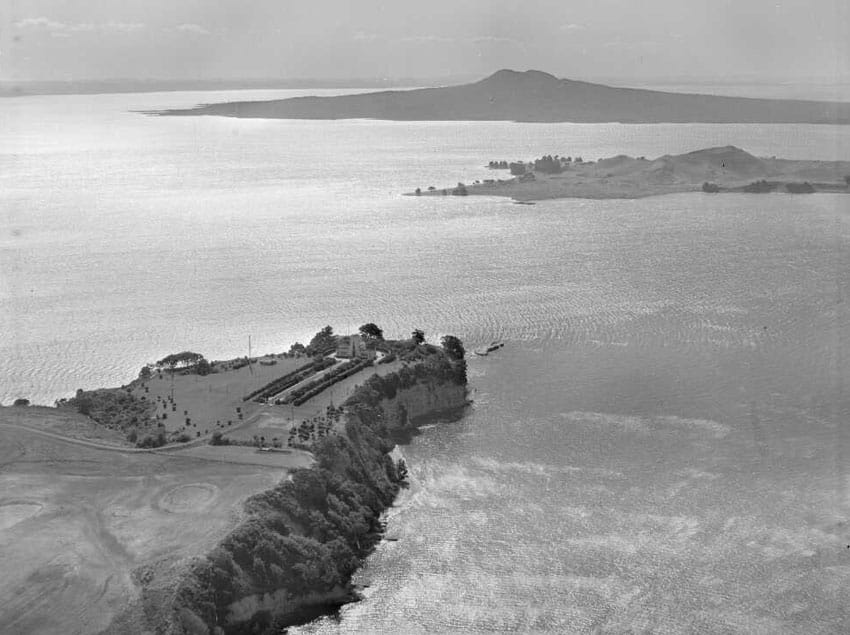 Musick Point with Motukorea (Browns Island) and Rangitoto in distance, 1956
